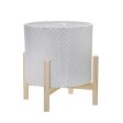 12  Ceramic Chevron Planter W  Wood Stand, White For Discount