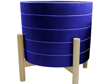 10  Striped Planter W  Wood Stand, Navy For Discount