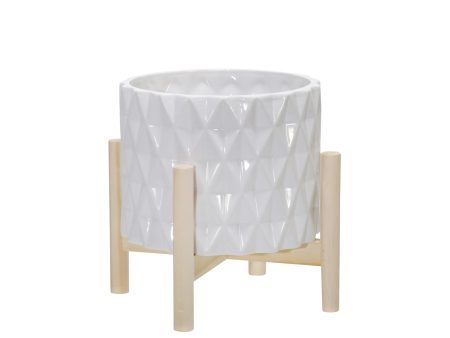 8  Ceramic Diamond Planter W  Wood Stand, White Hot on Sale