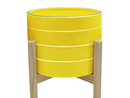 8  Striped Planter W  Wood Stand, Yellow Fashion