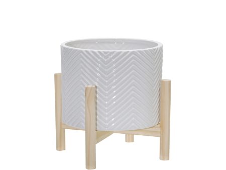 8  Ceramic Chevron Planter W  Wood Stand, White Online