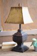 Black Wooden Table Lamp With Antique Gold Metal Shade For Sale