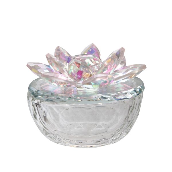 Glass Trinket Box Clear W Blush Lotus Top For Sale